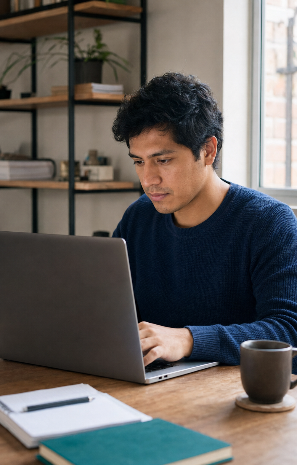 Joven concentrado trabajando en un documento desde su laptop