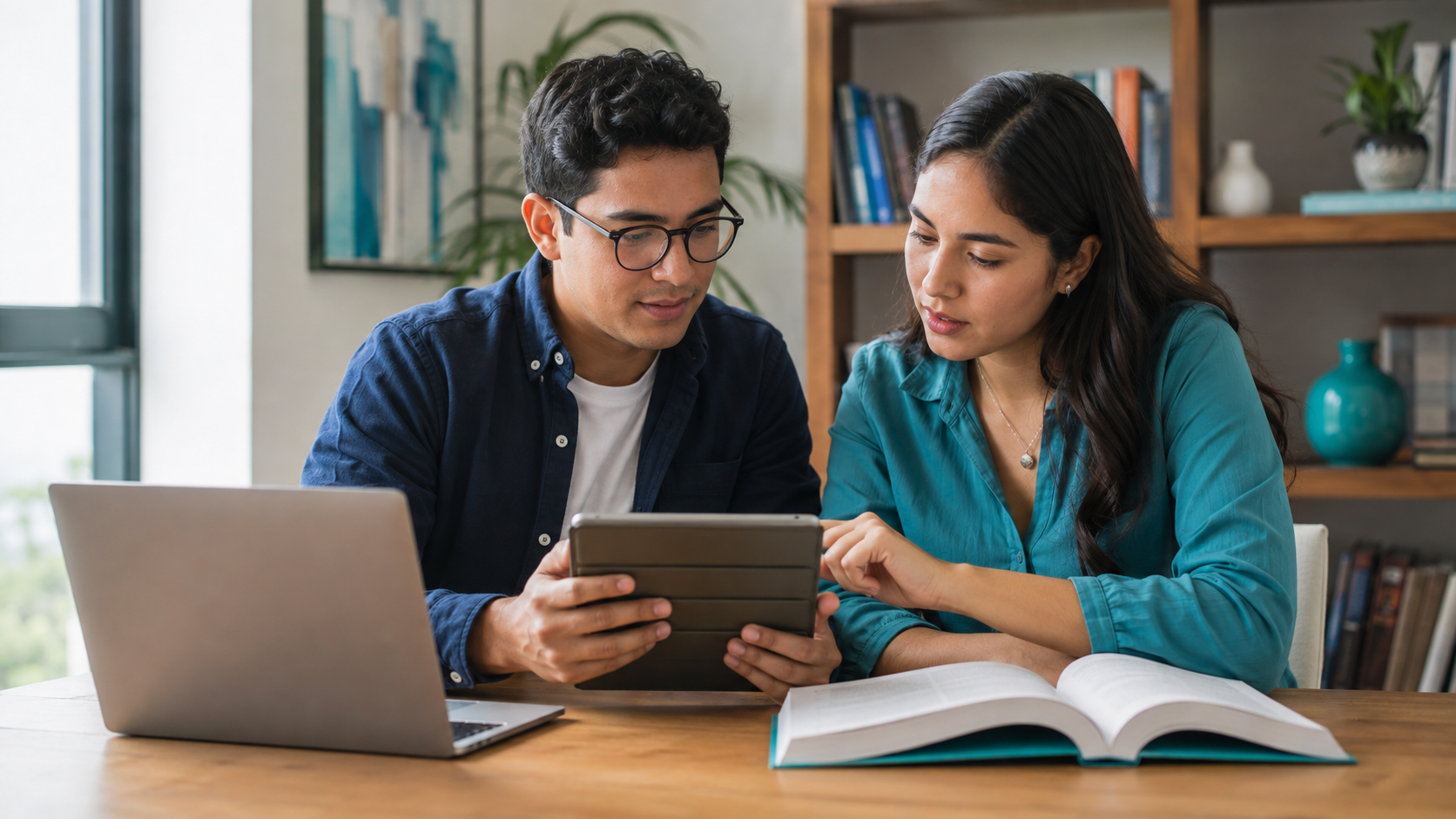 Dos jóvenes revisando un documento académico en una tablet